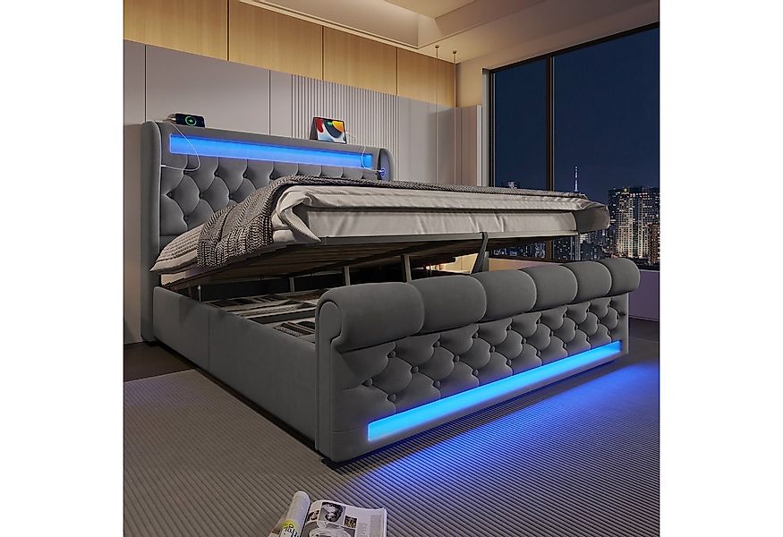 Flieks Polsterbett, Hydraulisches Stauraumbett 160x200cm mit LED Beleuchtun günstig online kaufen