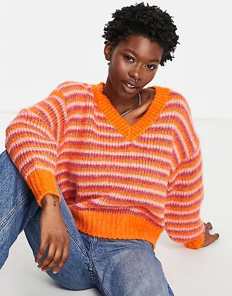 JJXX – Gestreifter Pullover in leuchtendem Orange und Rosa mit V-Ausschnitt günstig online kaufen