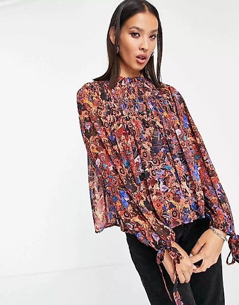 Vero Moda – Transparente Bluse mit hohem Kragen und Printmuster-Mehrfarbig günstig online kaufen