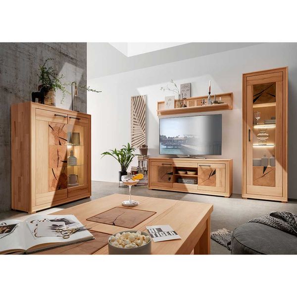 Wohnwand Vollholz Kernbuche mit Metallgriffen 201 cm hoch (vierteilig) günstig online kaufen