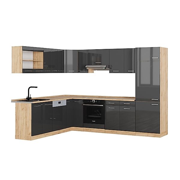 Vicco R-Line Eckküche Anthrazit Hochglanz/Goldkraft Eiche 227 x 287 cm AP E günstig online kaufen