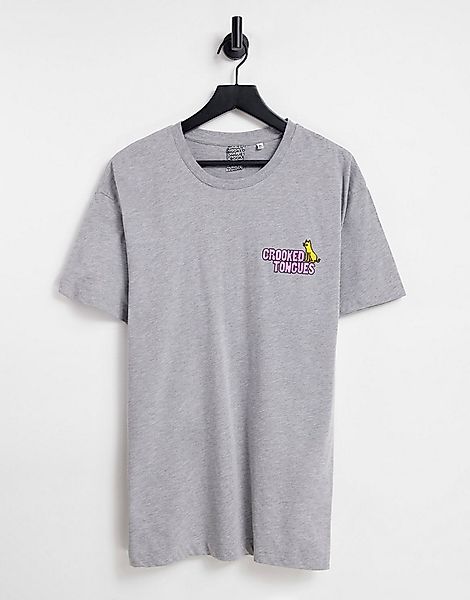 Crooked Tongues – T-Shirt mit Logo und Katzenprint in Grau günstig online kaufen