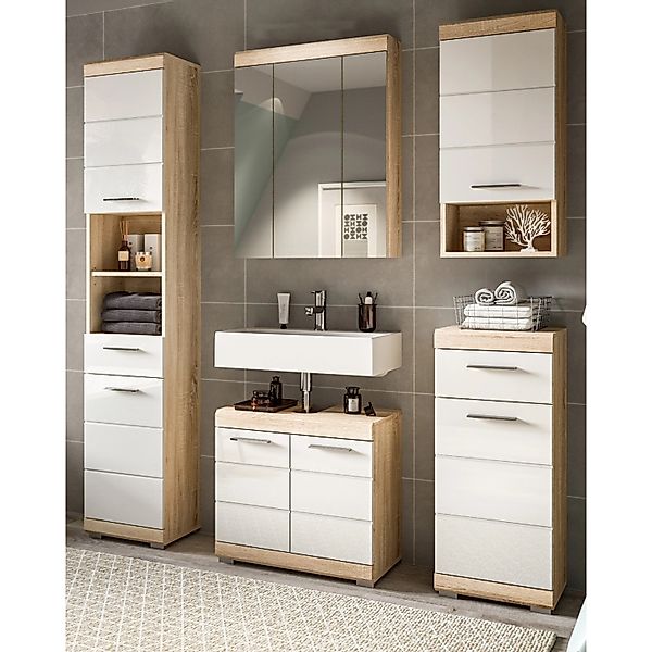 Inn.Furn Badmöbel-Set 5-teilig Weiß Hochglanz Eiche 164 cm Mambo günstig online kaufen