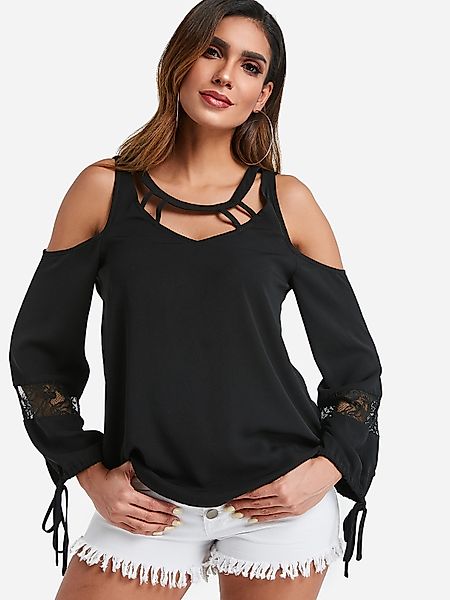 Schwarzes hohles Design Kalte Schulter Lange, selbstbindende Bluse mit Spit günstig online kaufen