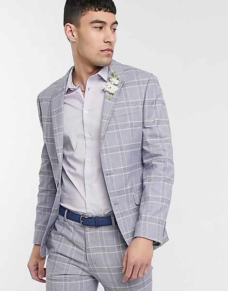 ASOS DESIGN Wedding – Superenge blaue Leinen-Anzugjacke mit Fensterkaromust günstig online kaufen