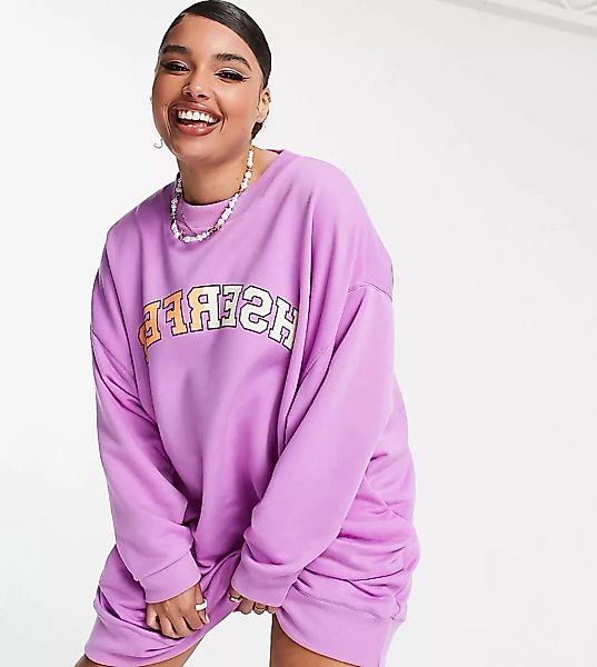 ASOS DESIGN Curve – Oversize-Sweatshirtkleid in elektrischem Violett mit Pr günstig online kaufen