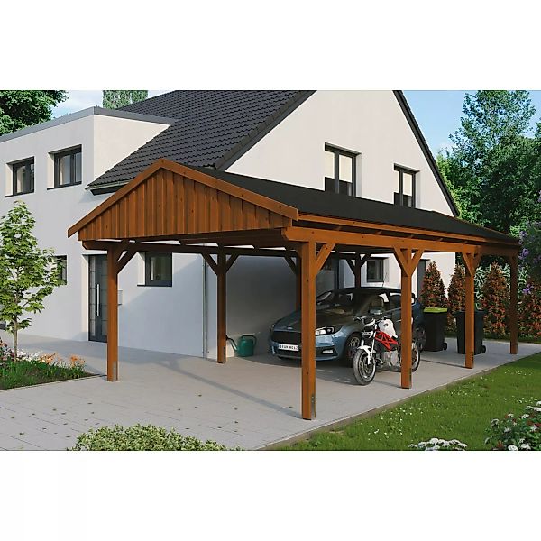 Skan Holz Carport Fichtelberg 423 cm x 808 cm Schwarze Schindeln Nussbaum günstig online kaufen