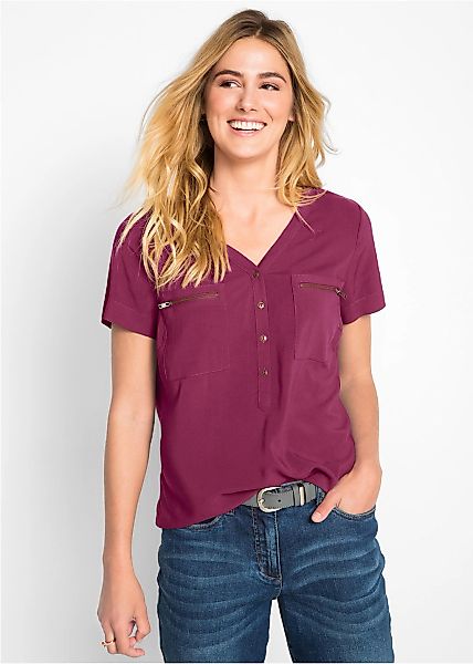 bonprix Kurzarmbluse mit kurzem Arm, aus Viskose, mit V-Ausschnitt, lockere günstig online kaufen