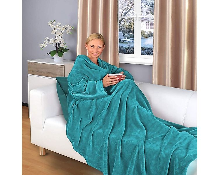 Wohndecke - flauschige tragbare Kuscheldecke mit Ärmeln und Fußtasche - TV günstig online kaufen