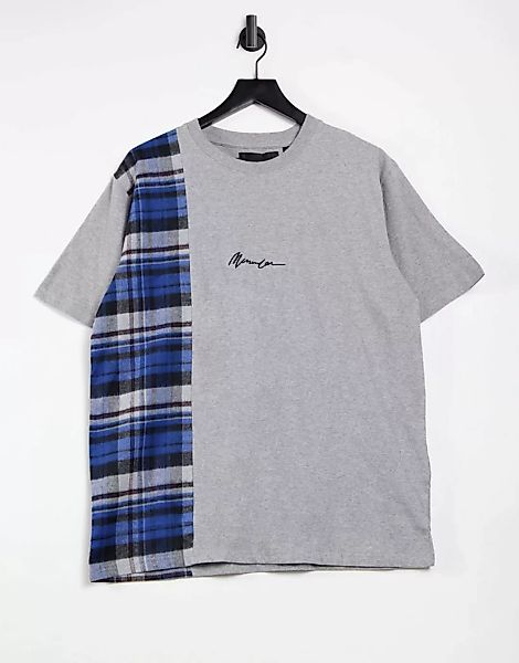 Mennace – Kurzärmliges T-Shirt in Grau mit kariertem vertikalen Einsatz günstig online kaufen