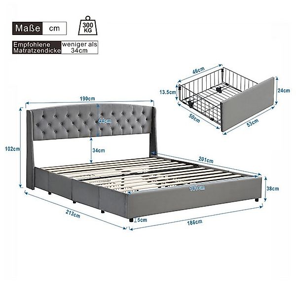 Ulife Polsterbett Doppelbett mit Lattenrost und 4 Bettschubkästen (Schublad günstig online kaufen