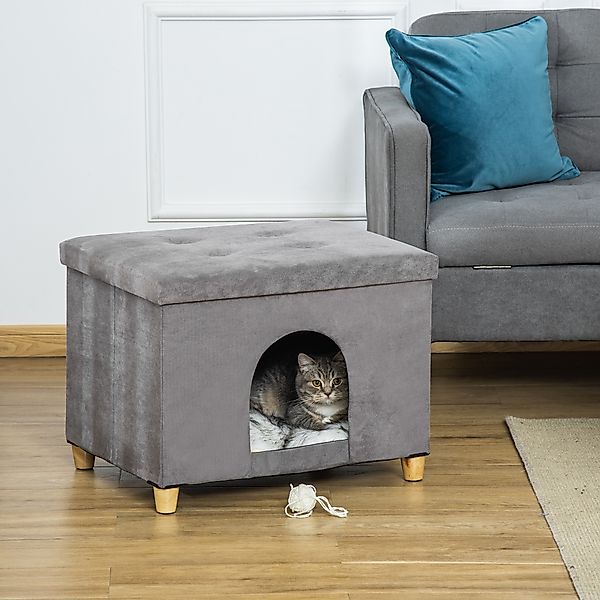 PawHut 2-in-1 Katzenhöhle Fußhocker mit Kissen gepolstert Ottomane Katzenko günstig online kaufen