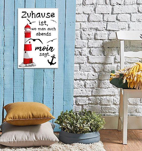 queence Metallbild Moin, Küste, Leuchtturm, Schriftzug, günstig online kaufen
