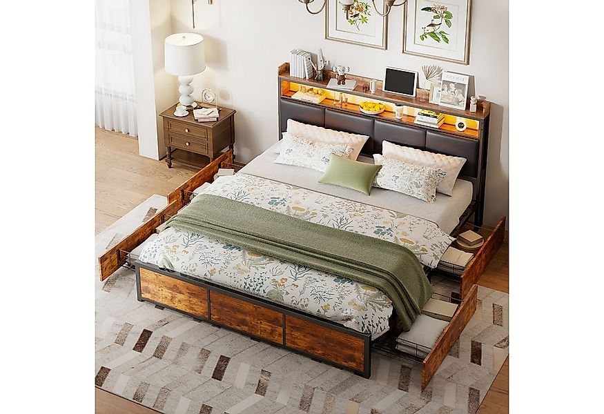Furnishings Home Polsterbett Holzbett Stauraumbett, Mit LED-Licht und 4 Sch günstig online kaufen