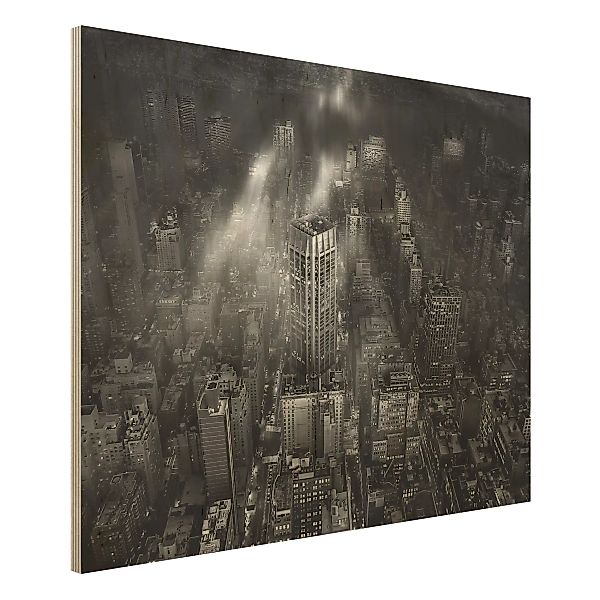 Holzbild Schwarz-Weiß - Querformat 4:3 Sonnenlicht über New York City günstig online kaufen