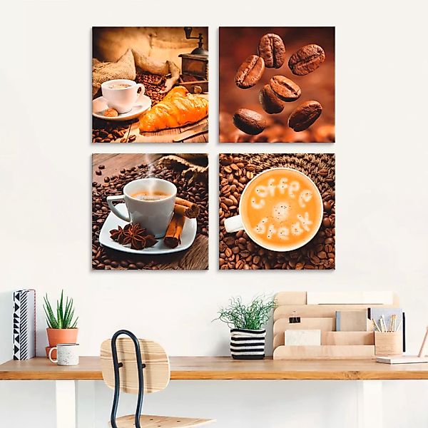 Artland Glasbild "Kaffeetasse Croissant Kaffeebohnen", Getränke, (4 St.), i günstig online kaufen