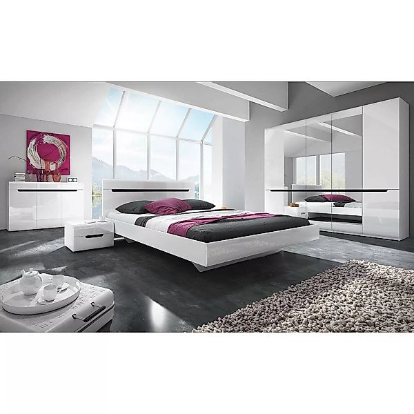 Schlafzimmer Set mit 180cm Bett in weiß mit weiß Hochglanz und schwarz HERN günstig online kaufen
