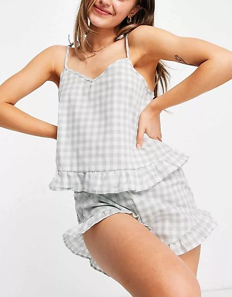 Loungeable – Pyjama mit Camisole und Shorts mit Rüschen und Karomuster in S günstig online kaufen