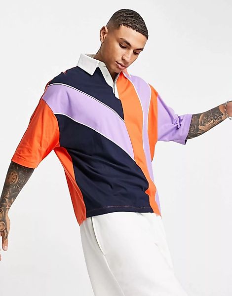 ASOS DESIGN – Oversize-Polohemd mit mehrfarbigem Farbblock-Design günstig online kaufen