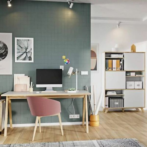 Lomadox Büro Möbel Set weiß HOLM-01 mit Absetzungen in Navarra Eiche Nb. günstig online kaufen