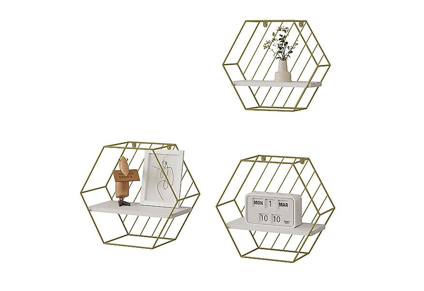 EUGAD Wandregal, 3-tlg., Hexagon Regal Wand, Weiß Golden, Metallrahmen günstig online kaufen