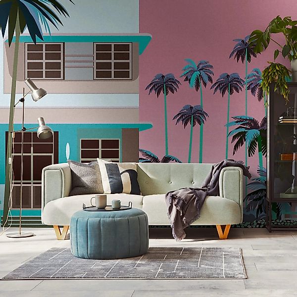 PROFHOME 398931-GU Fototapete Architektur Matt Blau Pink Braun 3,71 m x 2,8 günstig online kaufen