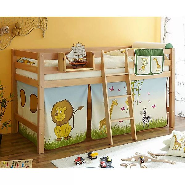 Kinderzimmer Bett mit Vorhang im Zootier Design Buche Massivholz günstig online kaufen