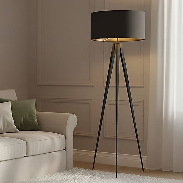 Lindby Stehlampe Benik, Tripod, Textil, schwarz/gold, 153cm günstig online kaufen