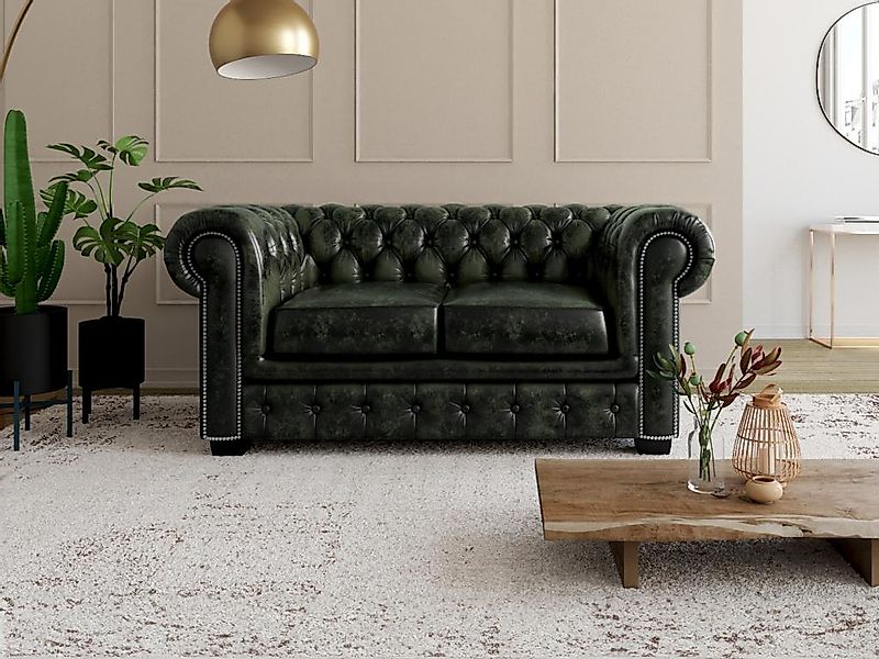 Chesterfield Ledersofa 2-Sitzer - Büffelleder - Schwarzgrün - BRENTON günstig online kaufen