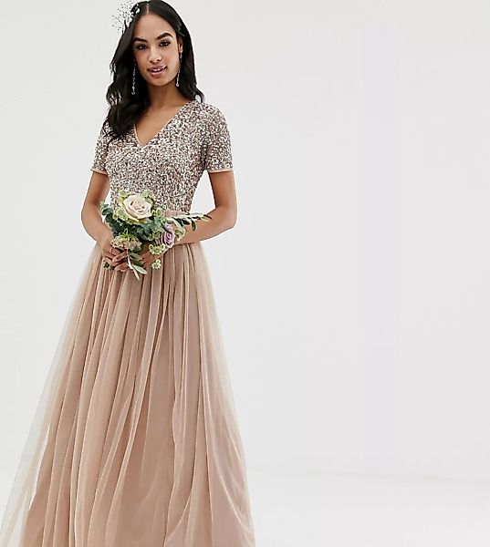 Maya – Bridesmaid – Maxi-Tüllkleid mit V-Ausschnitt und farblich passenden, günstig online kaufen