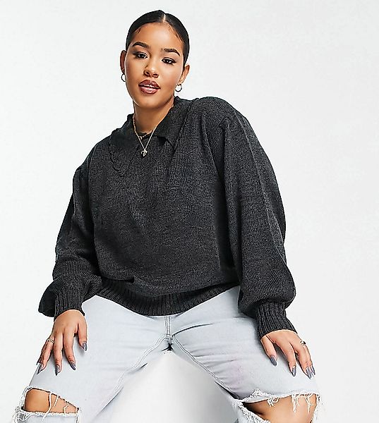 Wednesday's Girl Curve – Pullover mit Ballonärmeln und Kragen-Grau günstig online kaufen
