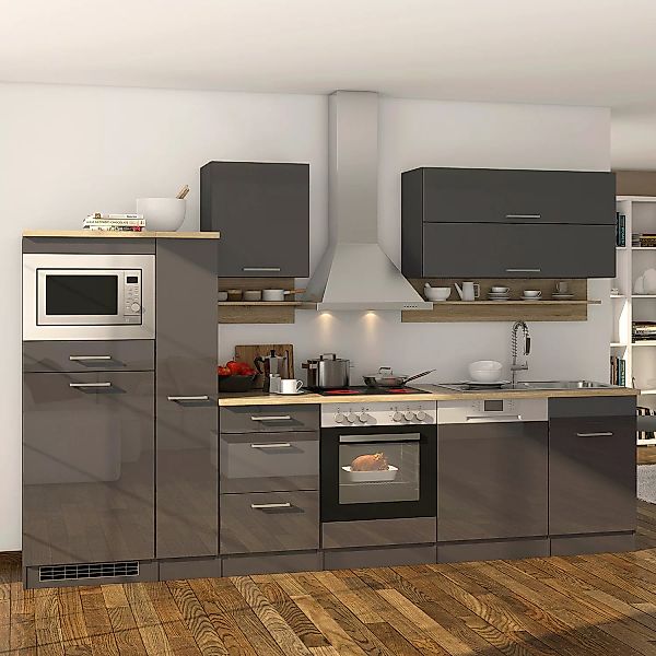 Held Möbel Küchenzeile Mailand 310 cm Grau Hochglanz-Grau Matt mit E-Geräte günstig online kaufen