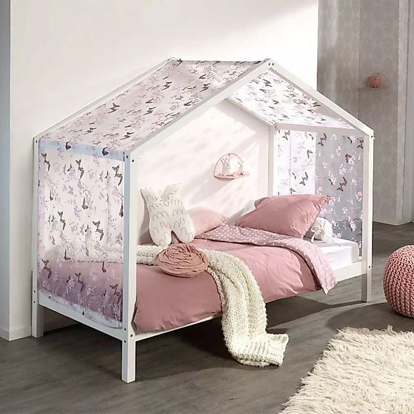 Haus Kinderbett in Weiß Kiefer massiv Vorhang günstig online kaufen