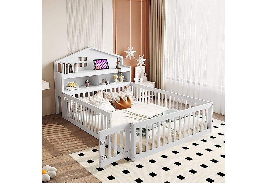 Flieks Kinderbett, Holzbett Bodenbett Hausbett 140x200cm mit Stauraum und K günstig online kaufen