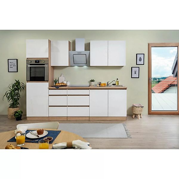 Respekta Küchenzeile ohne E-Geräte 270 cm Grifflos Weiß Hochglanz-Eiche Säg günstig online kaufen