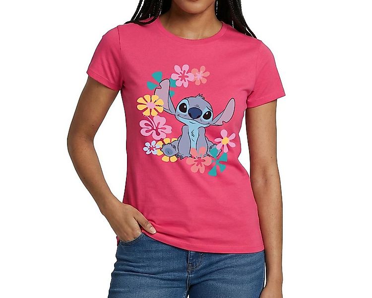Spreadshirt T-Shirt Lilo & Stitch, Stitch Mit Hawaiianischen Blumen Frauen günstig online kaufen