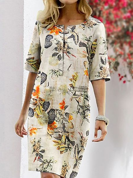 Blumendruck Split O-Ausschnitt Halbarm Casual Cotton Kleid günstig online kaufen