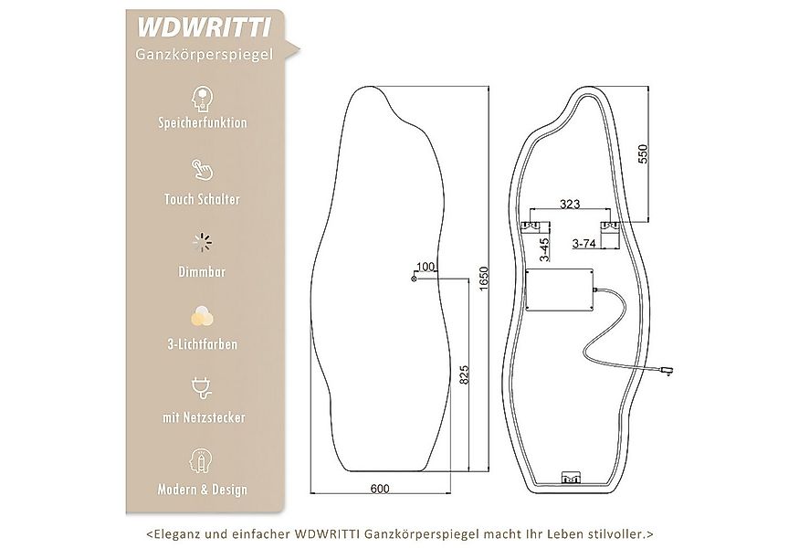 WDWRITTI Dekospiegel Rahmenlos Ganzkörperspiegel mit Beleuchtung gross 165x günstig online kaufen