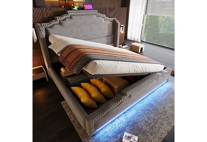 Flieks Polsterbett, Hydraulisches Doppelbett 140x200cm mit LED-Beleuchtung günstig online kaufen