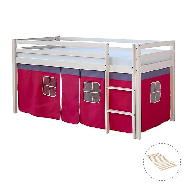 Homestyle4u Hochbett 90x200 mit Vorhang und Lattenrost in Weiß 2574 günstig online kaufen