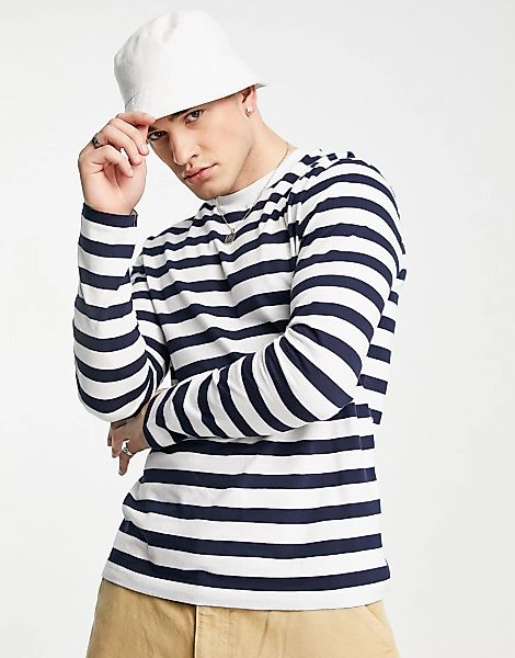 ASOS DESIGN – Langärmliges Shirt mit Streifen in Marineblau and Weiß günstig online kaufen