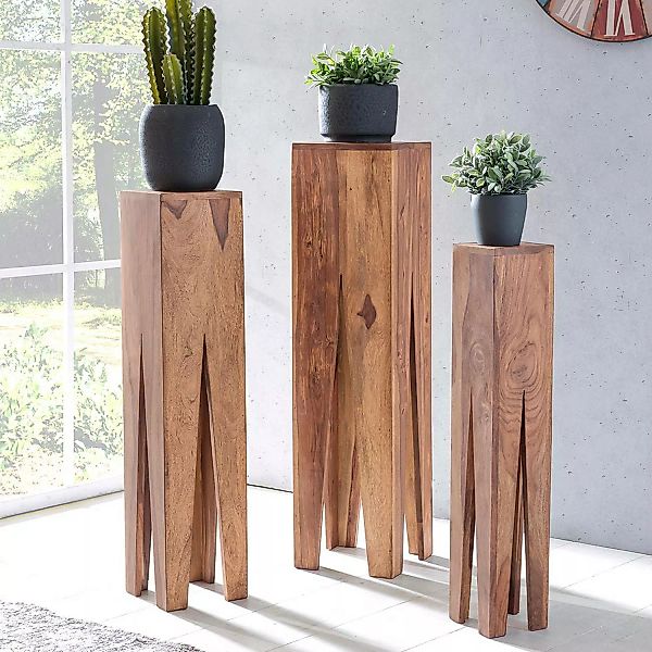 Beistelltisch 3er Set Massivholz Akazie Wohnzimmer-Tisch Design Säulen Land günstig online kaufen