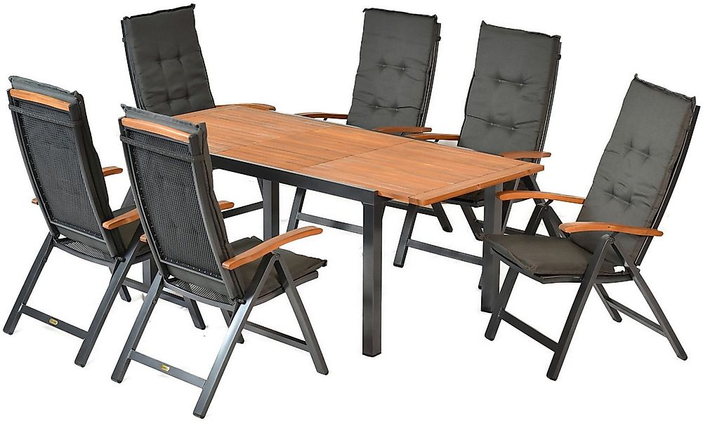 MERXX Garten-Essgruppe Tilos, (7-tlg), 6 Klappsessel mit ausziehbarem Tisch günstig online kaufen