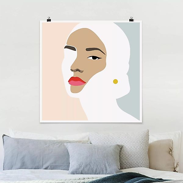 Poster - Quadrat Line Art Portrait Frau Pastell Grau günstig online kaufen