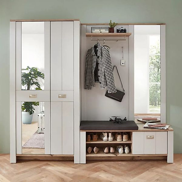 Garderoben Set mit Schrank und Spiegel, hellgrau im Landhausstil mit Eiche, günstig online kaufen