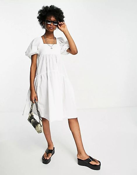 Topshop – Gestuftes knielanges Kleid aus Popeline in Weiß günstig online kaufen