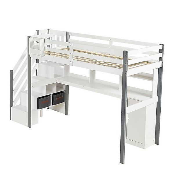 SOFTWEARY Hochbett mit Schreibtisch und Regal (90x200 cm) Kinderbett mit Ra günstig online kaufen