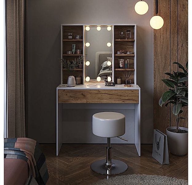 Vicco Schminktisch Alexa, Weiß/Eiche, 93 cm mit LED Beleuchtung und Hocker günstig online kaufen