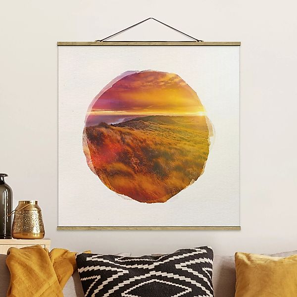 Stoffbild Strand mit Posterleisten - Quadrat Wasserfarben - Sonnenaufgang a günstig online kaufen
