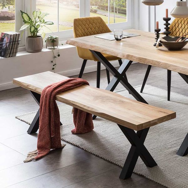 Baumkanten Bank für Esstisch Eiche Massivholz und Metall günstig online kaufen